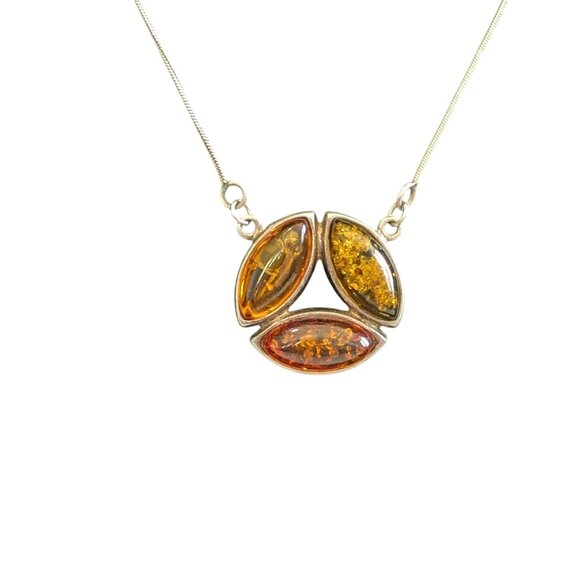 925 Jewelry - Sterling Silver 925 Necklace Amber Pendant Three Multicolor Amber Stones 16-Inch